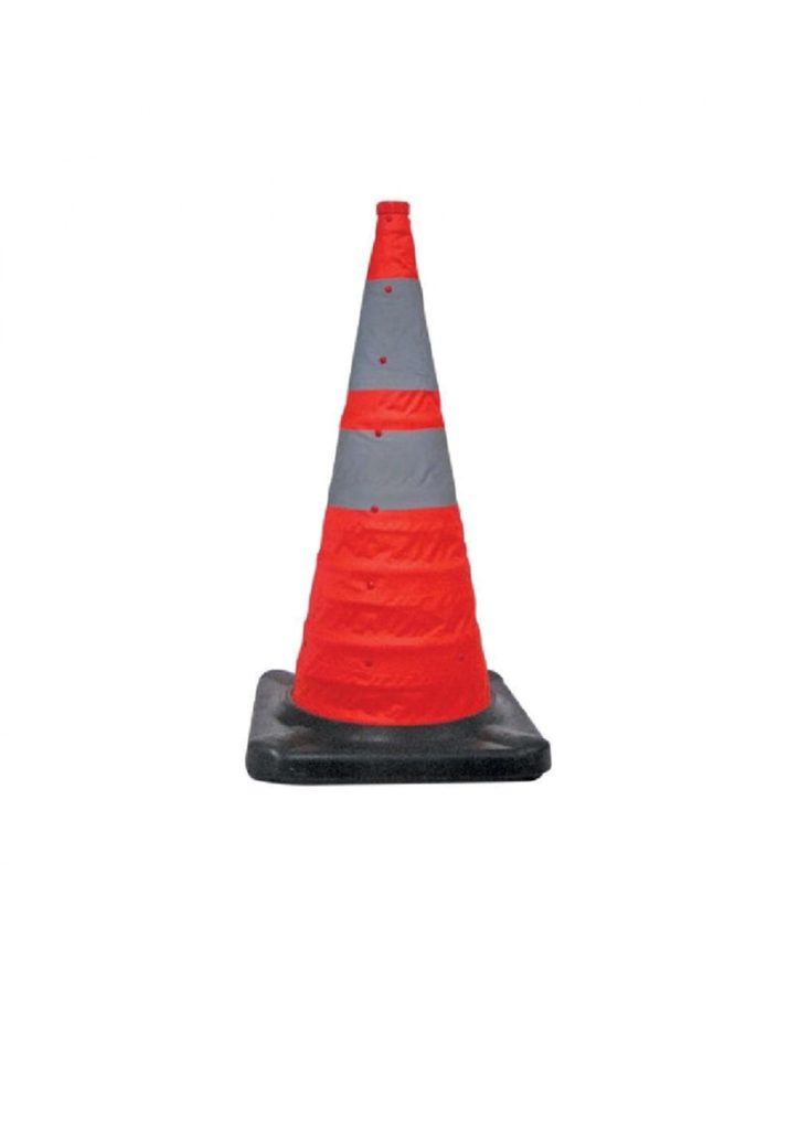 BTC720CRB Traffic cone 720mm Collapsible Rubber Base 1 720mm Collapsible traffic cone with rubber base. The orange and grey safety cone is isolated on a white background. Road safety equipment.