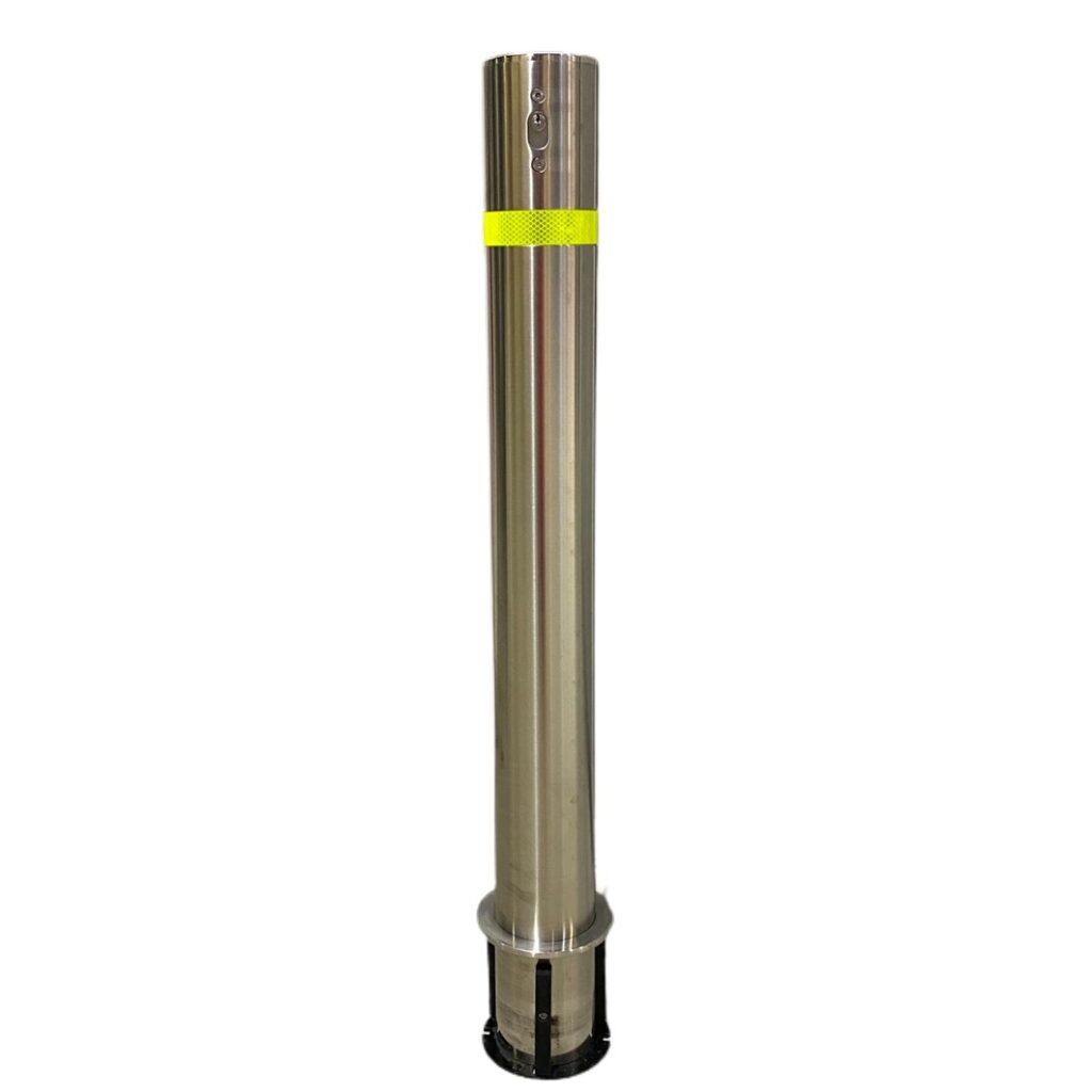 Dugite 114mm x 900mm stainless steel 316 removable bollard. Metal bollard with a yellow reflective band near the top, standing upright.