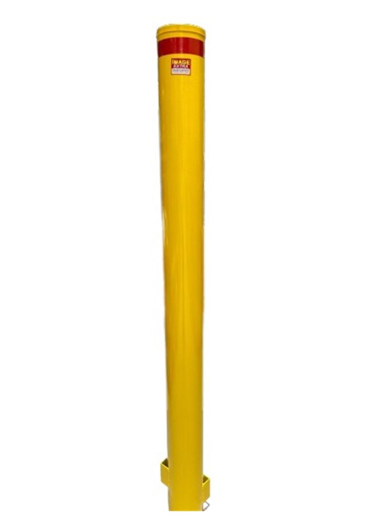 Dugite 165mm x 2000mm Safety Yellow Bollard, a cylindrical safety barrier with a red top, designed for traffic control and pedestrian safety.