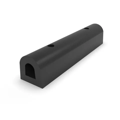 Black dock bumper rubber, 200mm x 200mm x 910mm, with a hollow D-shaped profile and two mounting holes on top, used for dock protection.