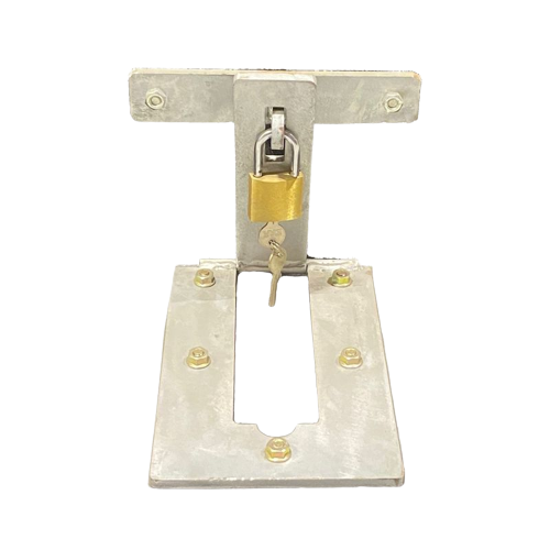 DRDA removebg preview Dugite Roller Door Anchor 1 Dugite Roller Door Anchor. Silver metal roller door anchor with a gold padlock and key. The anchor is bolted to the floor for security.