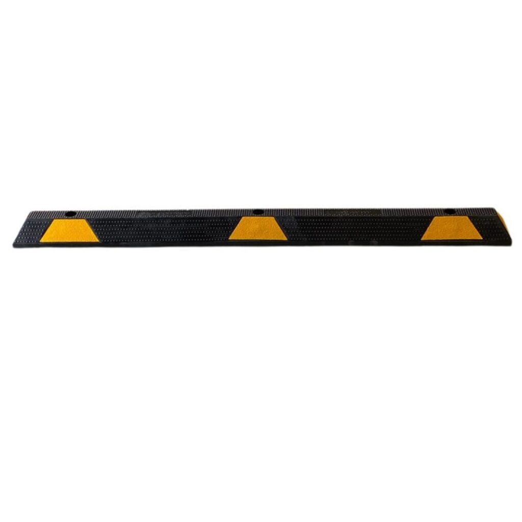 DRWS1650 Dugite Rubber Wheel Stop 1650mm x 95mm 3 Dugite Rubber Wheel Stop, 1650mm x 95mm. Black rubber parking wheel stop with three yellow reflective safety markers.