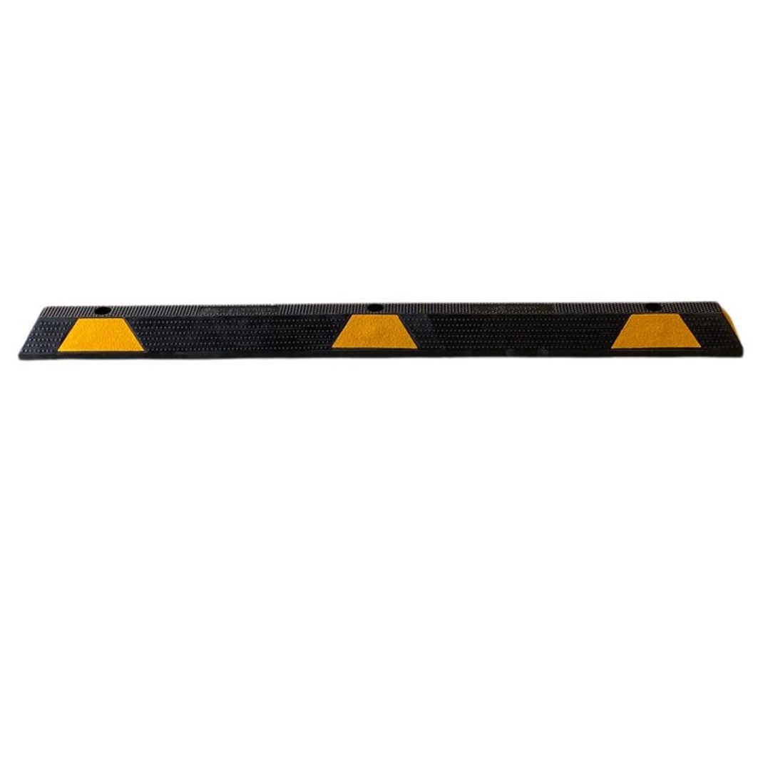 DRWS1650 Dugite Rubber Wheel Stop 1650mm x 95mm 1 Dugite Rubber Wheel Stop, 1650mm x 95mm. Black rubber parking wheel stop with three yellow reflective safety markers.