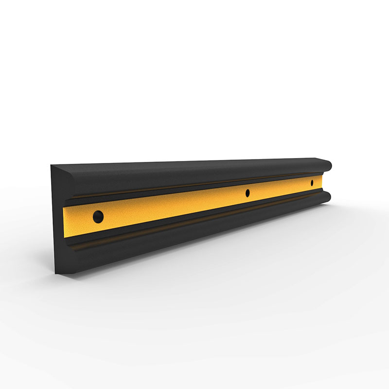 Black dock bumper B-section rubber, 55mm x 160mm x 1000mm. Rubber dock bumper with a yellow stripe and mounting holes.