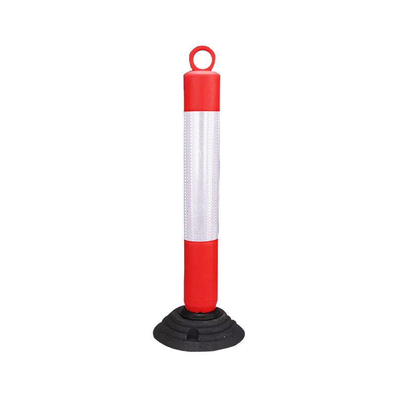 Dugite 1000mm Knock Down Bollard, 2-Piece with Ring. Red and white safety bollard with a black base, used for traffic control and safety.