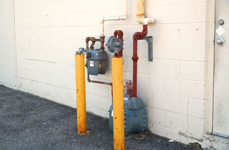 Two gas meters, protected by yellow bollards, are mounted on a white brick wall with pipes. Learn how to protect your gas meter from damage.