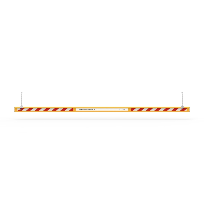Height bar 5m Height Bar 5 Metre - Powder Coated Aluminium 3 5 Metre Height Bar. Powder coated aluminium height restriction bar with red and white stripes, suspended by chains. Low clearance warning.