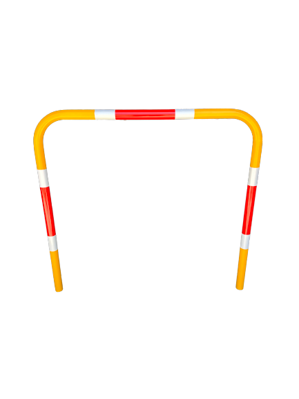 IMG 1885 removebg preview Dugite Pedestrian Rail 1200mm 2 Dugite Pedestrian Rail 1200mm. Yellow metal rail with red and white reflective stripes. Pedestrian safety barrier for traffic management.