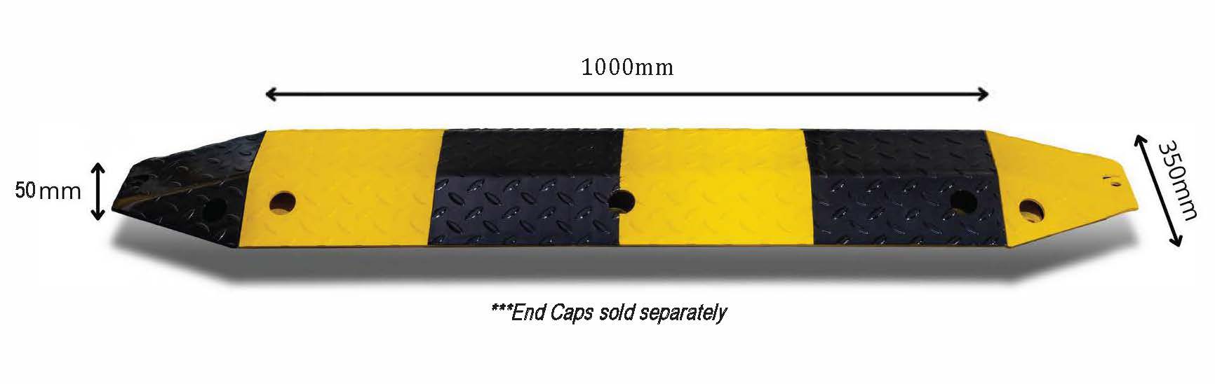 Product Dimensions 15 Dugite Standard Duty Steel Speed Hump 1m Body Length 2 Dugite Standard Duty Steel Speed Hump 1m Body Length. Black and yellow speed bump, 1000mm long, 350mm wide, and 50mm high.