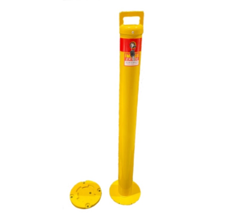 Dugite 90mm x 900mm removable surface mount bollard in safety yellow. Round bollard with a handle and a removable base plate.