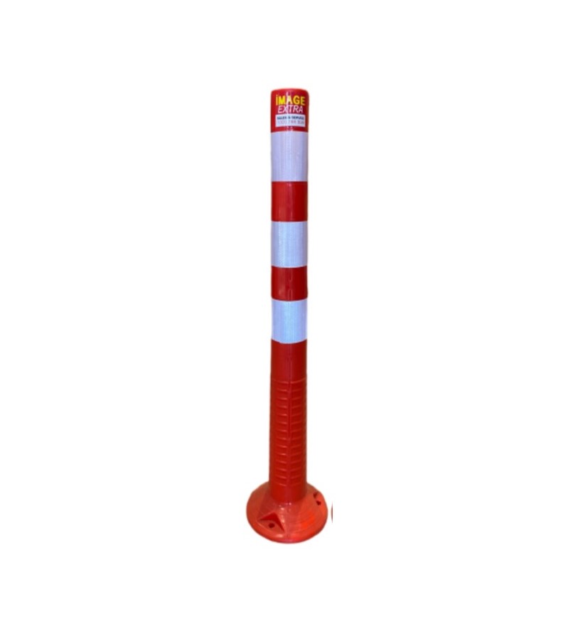 Dugite flexible 1 piece plastic bollard. Red and white striped plastic bollard for traffic control and safety. Durable road marker.