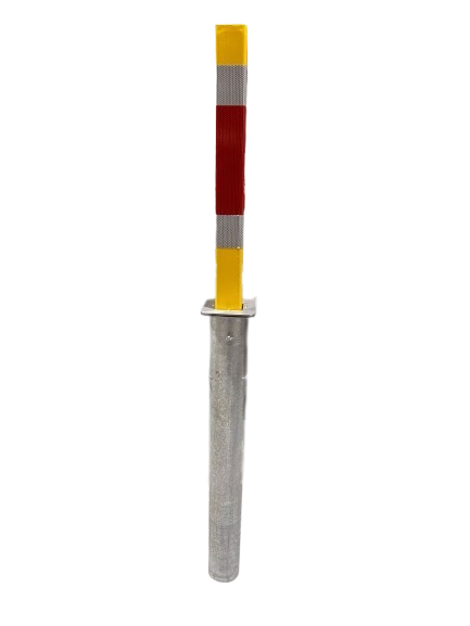 OKAL 800mm high retractable bollard. 89mm square bollard with yellow and red reflective bands on top, and a gray metal base. MRD stickered.