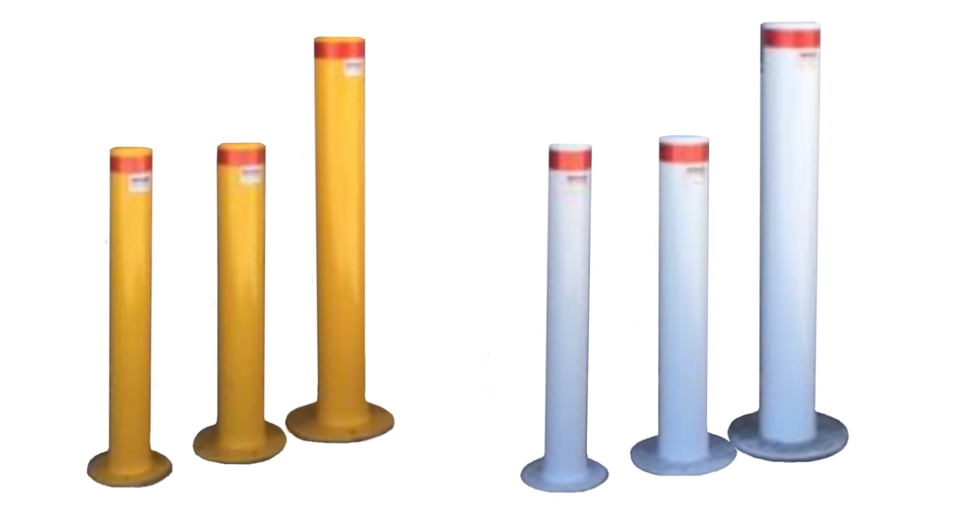 Yellow & white parking bollards of varying heights. Illustrates how strong parking bollards are for traffic management & safety.