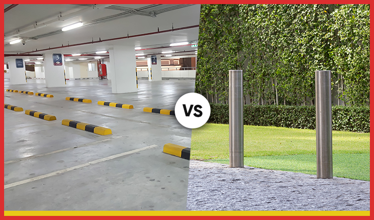 Wheel stops vs bollards: Car park featuring yellow and black wheel stops on the left, and metal bollards in a green space on the right.