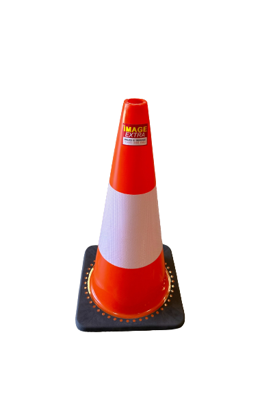 big cone removebg preview e1698818403460 Traffic Cone Rubber Base 700mm 4 700mm Traffic Cone with Rubber Base. Orange cone with white reflective band, black rubber base with reflective dots. Safety equipment.