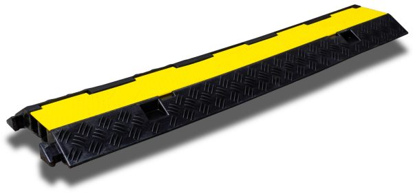 cable protector 2 Dugite Rubber Cable Protector - 2 Channel 2 Dugite 2 Channel Rubber Cable Protector: Black rubber with a yellow stripe, designed to protect cables and reduce trip hazards.