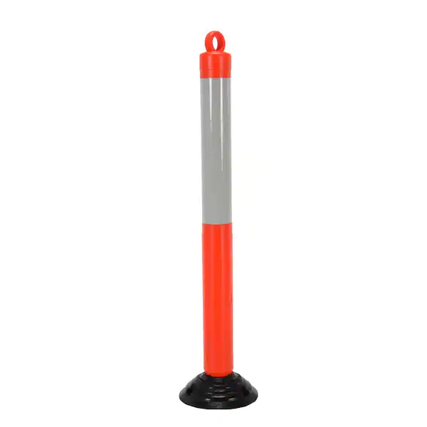 Dugite 1000mm Knock Down Bollard, a 2-piece safety post with a ring on top. The bollard is orange, gray and has a black base.