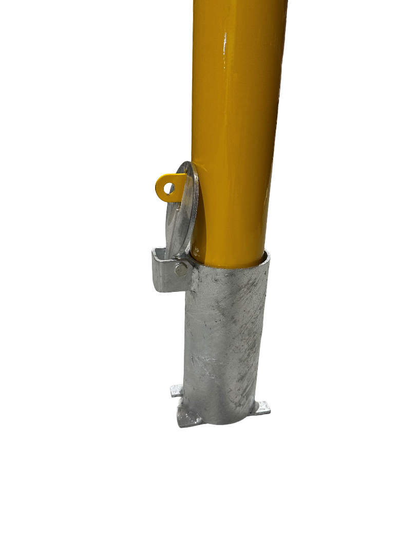 f Dugite 140mm x 1200mm Padlock Removable Bollard Round Safety Yellow 2 Close-up of a Dugite 140mm x 1200mm Padlock Removable Bollard. The bollard is round and safety yellow, with a removable padlock feature.