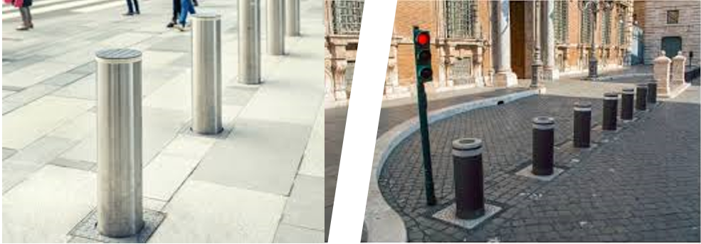 fixed bollards vs automatic bollards Selecting The Right Parking Bollards For Your Needs 1 Parking bollards on a city street, used for traffic control. Silver bollards are on the left, and black bollards are on the right.