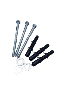fixings removebg preview 1 1 Dugite Rubber Wheel Stop 1650mm x 95mm Blue 3 Dugite Rubber Wheel Stop hardware: Three screws, three black wall anchors, and two washers for secure installation.