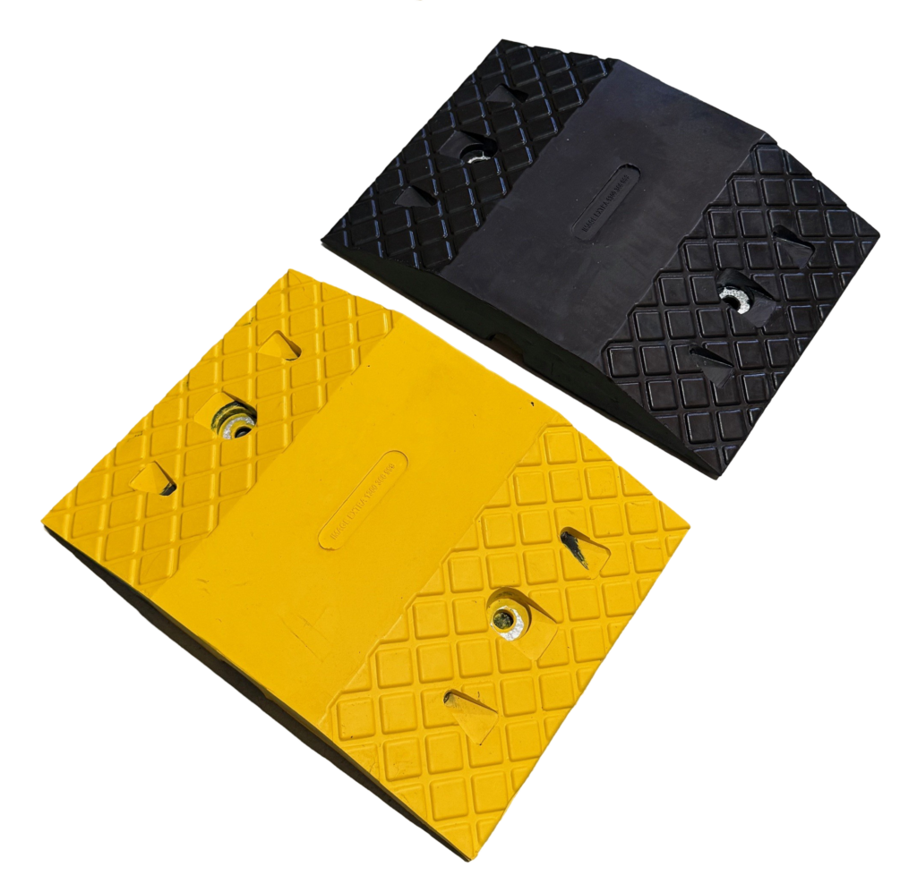 image 8 Dugite Rubber Speed Hump 250mm Module Black 2 Black & yellow Dugite rubber speed hump 250mm module. Traffic calming device with bolt holes and a textured surface for grip.