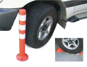 Orange and white safety bollard next to a vehicle tire, demonstrating its use. Inset shows a tire flattening the bollard, highlighting its flexibility.