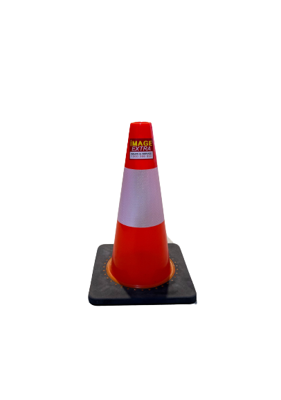 small cone removebg preview e1698817108280 Traffic Cone Rubber Base 450mm 3 450mm Traffic Cone with Rubber Base. Orange cone with reflective band, sitting on a black rubber base. Safety equipment for traffic control.