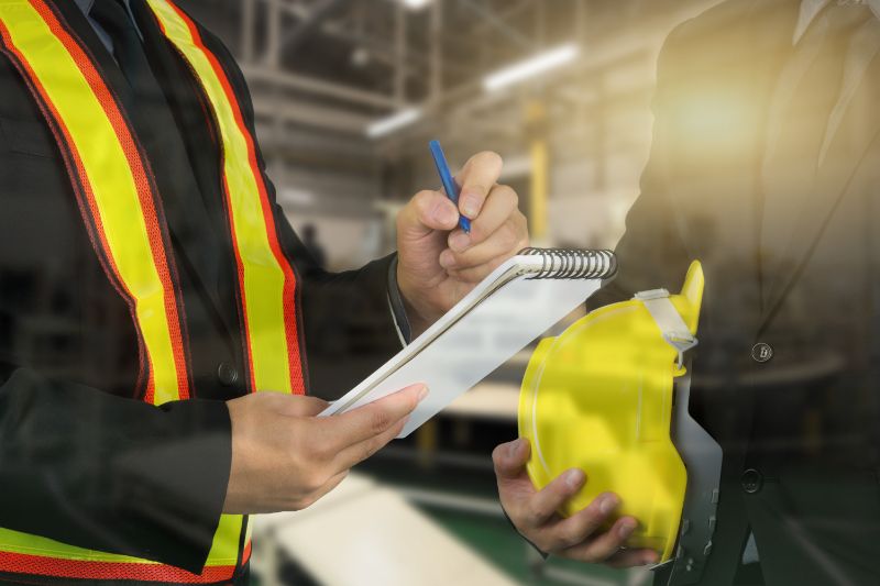 workplace health safety What Is Workplace Health And Safety? 1 Workplace health and safety inspector taking notes. Yellow hard hat, safety vest, and pen. Factory background.