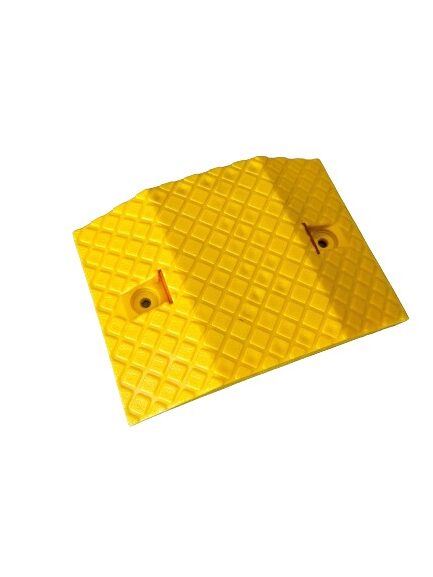 Yellow LLDPE Compliance Speed Hump Body, 250mm. The speed bump has a textured surface and mounting holes for secure installation.