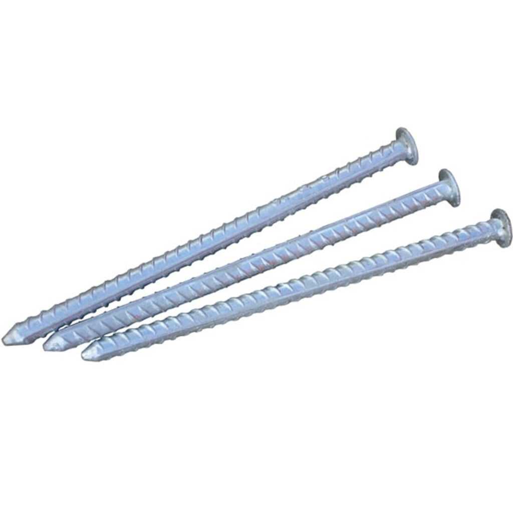 Three silver Bitumen Spikes 340mm x 12mm. These metal spikes have a ridged texture and a flat, circular head, used for securing materials.