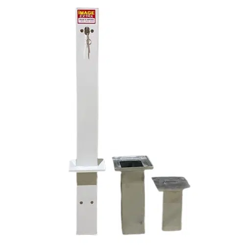Dugite 90mm x 900mm Removable Bollard White, a square white bollard with key, and two bollard receivers of different sizes.