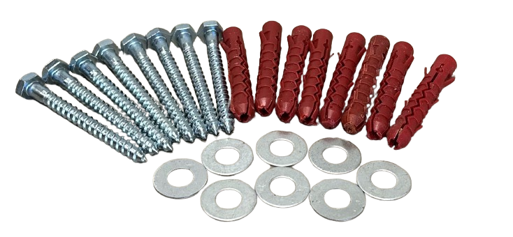 DSHFIX Coach bolt, Plug and Washer - Speed Hump Fixings 10 Coach bolt, plug, and washer set. Fixings for speed hump installation. Silver bolts, red plugs, and metal washers arranged on white.