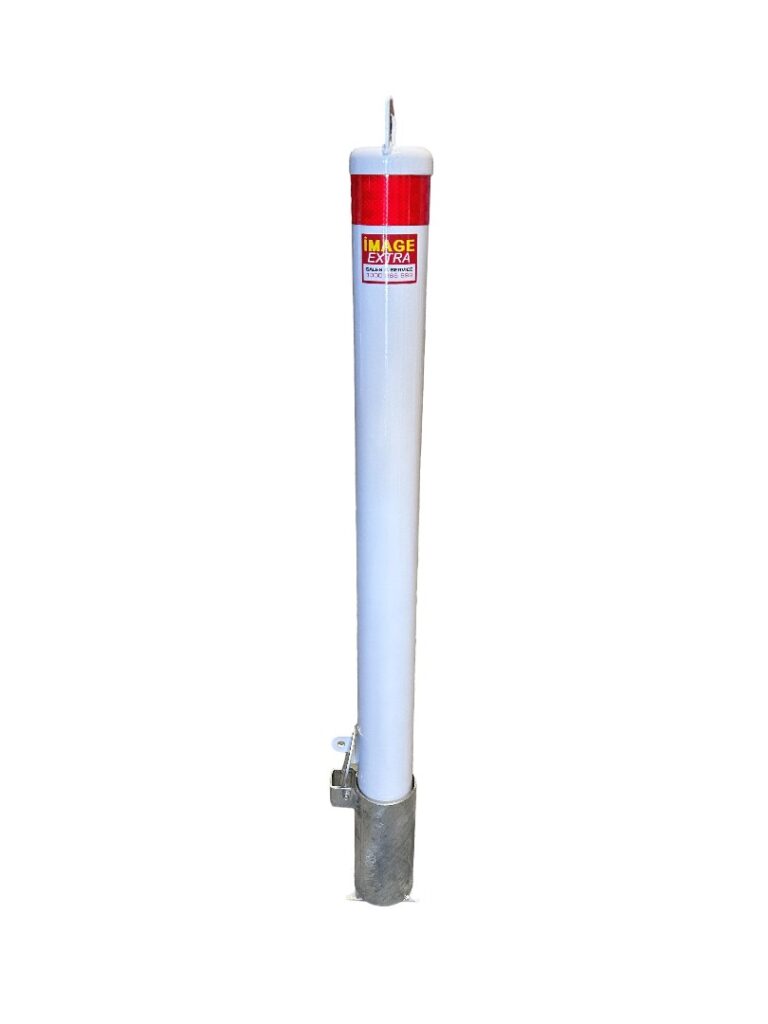 Dugite 90mm x 900mm Padlock Removable Bollard Round White. Steel post, white with red top, removable with padlock, safety barrier.