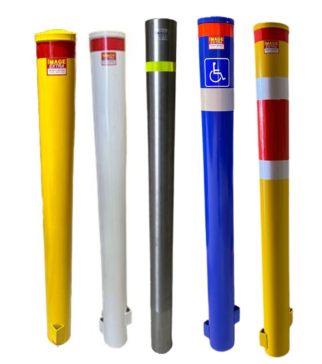 Home Page: Variety of bollards. Includes yellow, white, gray, and blue bollards. One bollard has a handicap symbol.