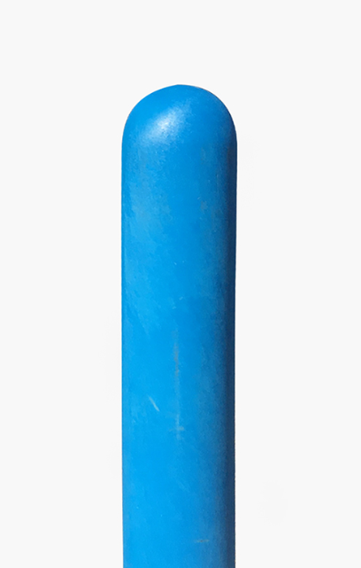 Close-up of a blue, non-conductive 150mm round bollard. The bollard is smooth and cylindrical with a rounded top, against a white background.