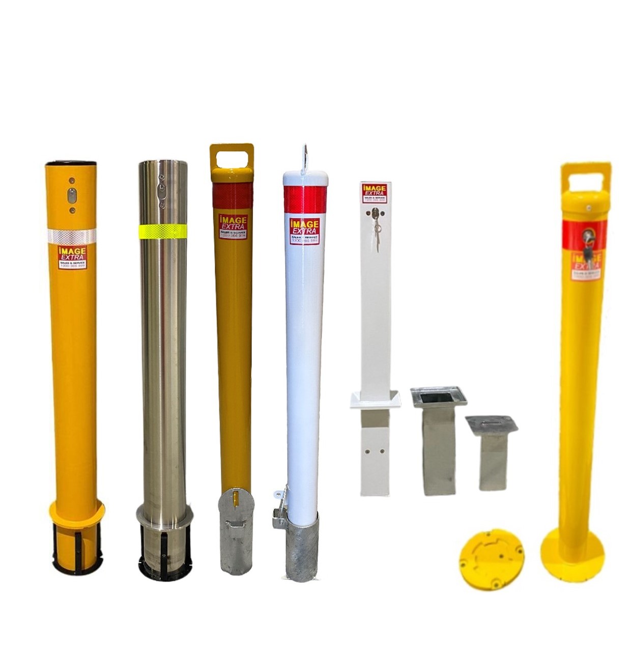 Home page: Variety of bollards, including removable and fixed options, in yellow, white, and stainless steel, for traffic and security control.