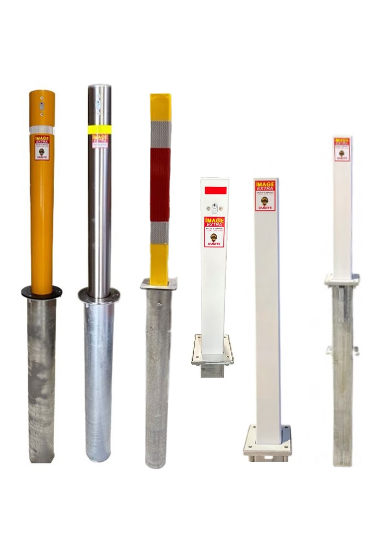 Home page: Variety of bollards. Different models of security posts in yellow, silver, red, and white. Removable and fixed bollards.