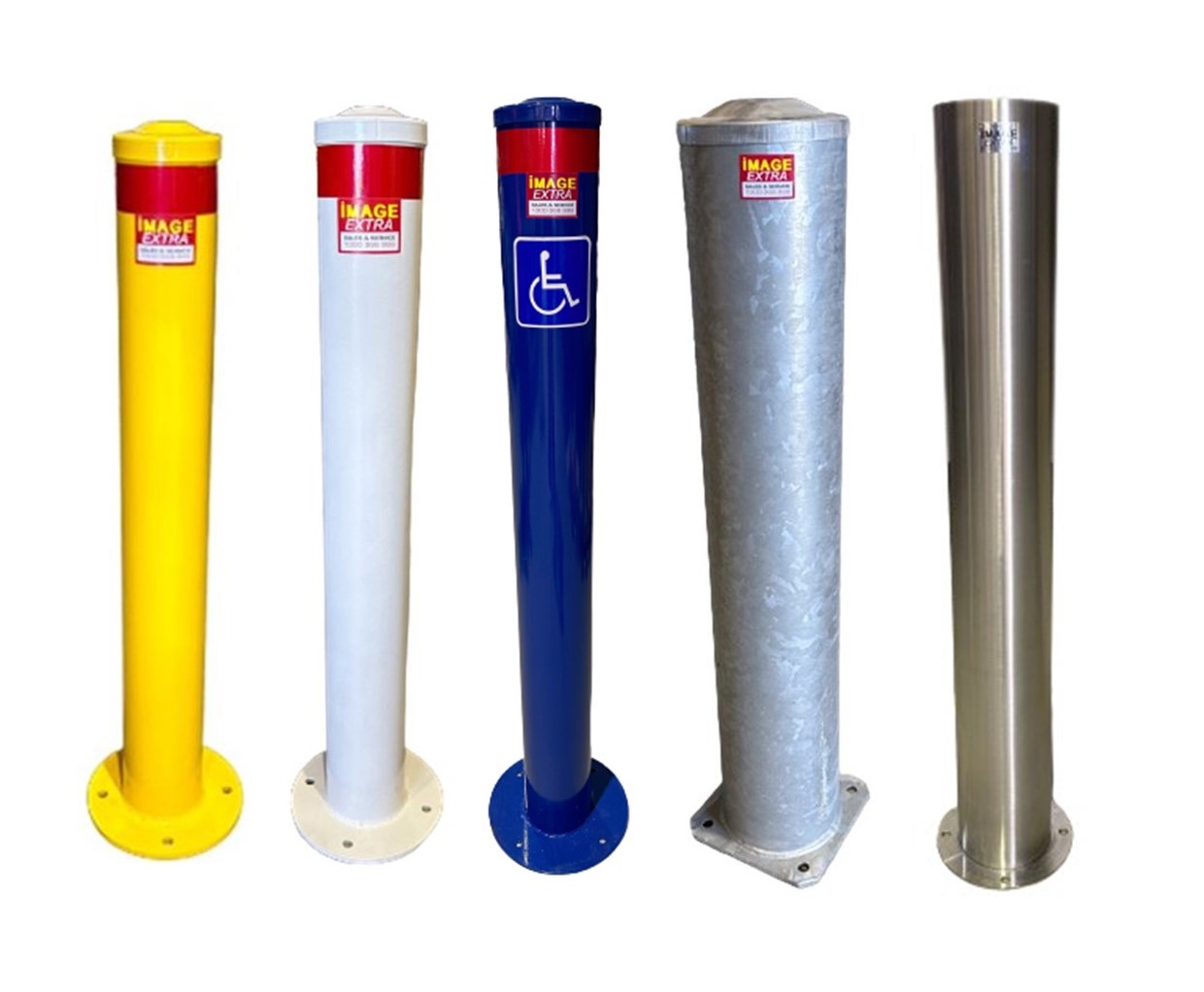 Home Page: Variety of bollards in yellow, white, blue, silver, and stainless steel finishes. One bollard has a handicap symbol.
