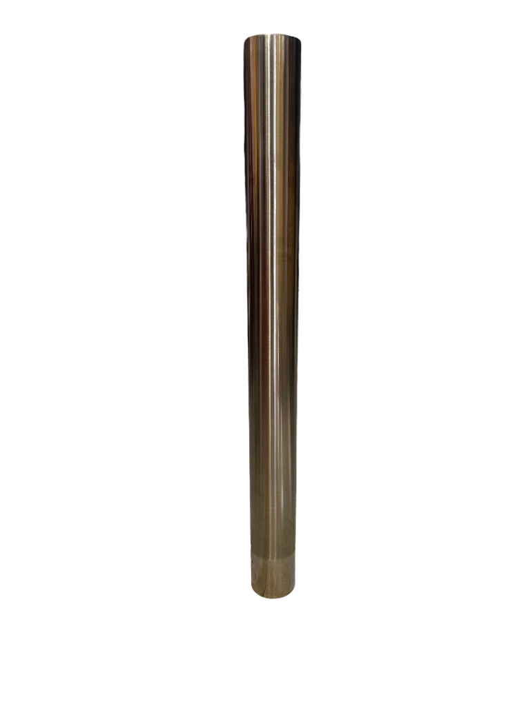 Stainless steel pipe, metal tube. Round, vertical, shiny, and reflective. Industrial material, plumbing component. Silver color.