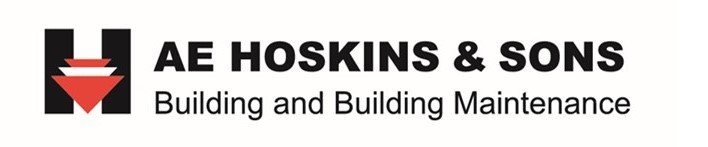 AE Hoskins & Sons logo for Home Page. Building and building maintenance company logo with red and black graphic on white background.