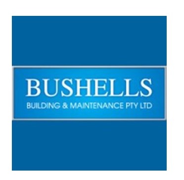 Bushells Building & Maintenance PTY LTD logo on the Home Page. Blue background with white text in a rectangular shape.