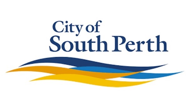 City of South Perth logo. Home Page of South Perth with blue text and stylized blue and gold waves underneath the text.