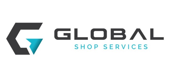 Global Shop Services logo. Dark gray G shape with teal arrow. Text reads GLOBAL SHOP SERVICES. Home Page for shop services.