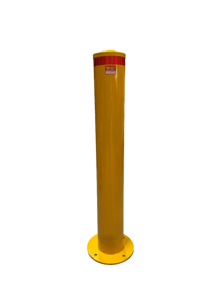 Dugite 219mm x 1500mm surface mount bollard in safety yellow. Cylindrical steel post with a flat base for bolting to the ground. Traffic safety.
