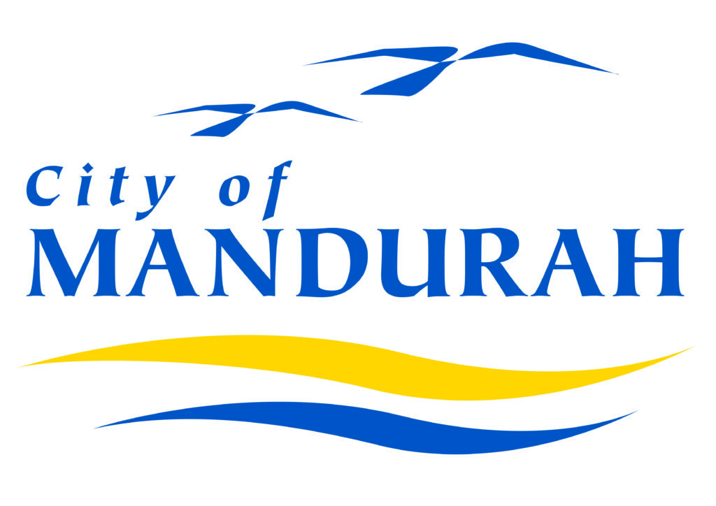 City of Mandurah Home Page logo. Features stylized birds, a yellow wave, and a blue wave. Mandurah is in Western Australia.